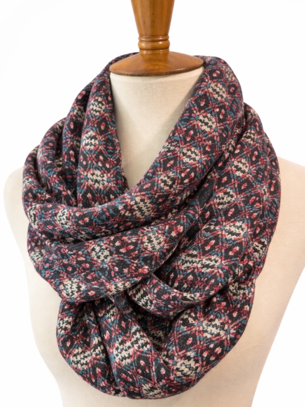 Boho Knit Infinity Scarf Black Pink Teal Cream Textured Loop Cozy Winter